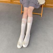 Women's White Lace Thigh-High Socks Slimming Over-the-Knee Stockings Elegant Ribbon Bow Spring Breathable KneeLength Stockings One size