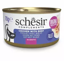 Agras Pet Foods Kačių Maistas - SCHESIR Vištiena su Jautiena Sultinyje 70g Be Gliuteno Be Sojų