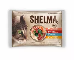 Whiskas SHELMA Rich in lašiša, cod, jautiena and vištiena – šlapias kačių maistas – 4x85g
