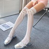 Sweet Girl  Ballet Hollow Fishnet Thigh High Socks Summer Geometric Diamond Anti-Snag Scrunch Socks Kawaii Thin Straps Lacing One Size