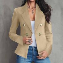 Women’s Double Breasted Blazer Fit Notched Lapel Long Sleeve Suit Jacket with Decorative Buttons for Office Business Casual L smėlis