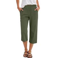 Women’s Loose Fit Capri Pants with Elastic Waistband and Pockets Casual Lightweight Cropped Trousers for Everyday Wear L armijos žalia spalva