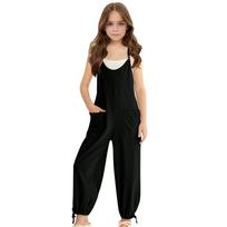 Girls' Casual Loose Fit Jumpsuit with Adjustable Straps and Pockets Comfortable Sleeveless Romper for Kids 120 juoda