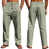 Men's Lightweight Casual Linen Pants with Drawstring Waist, Button Fly, Relaxed Fit for Beach and Everyday Wear L armijos žalia spalva
