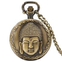 Vintage Tibetan Aroma Buddhist Temple Quartz Pocket Watch Buddha Head Design Religious Chain Pendant Necklace Gift for Men Women