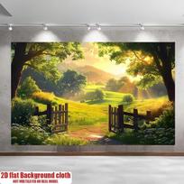 2D Sunrise Countryside Photography Backdrop Green Farm Gate Nature Background 47.2x31.5inch/120*80cm