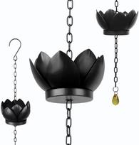 1,28 m lietaus grandinės laukui, metalinė lotoso lietaus grandinė 5 lotoso lietaus grandinės puodeliai, reguliuojama lietaus surinkimo grandinė karnizo nuvedimui Lotus Rain Chain juoda