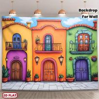 2D Colorful Mexican Village Backdrop, Hand-Drawn Street Scene Background for Themed Events 47.2x31.5inch/120*80cm