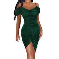 Adjustable Sling Asymmetrical Hem Short Sleeve Hip Wrap Women Dress Off Shoulder Ruched Velvet Bodycon Dress Streetwear L black