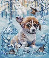 Oven Kryželių siuvinėjimo rinkinys „Sniego šuniukas“, 20×22 cm, 18 ct, 26 sp.