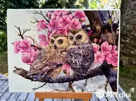 Merejka Kryželiu siuvinėjimo rinkinys "Dvi pelėdos pavasario žieduose" 38x29 cm SK228