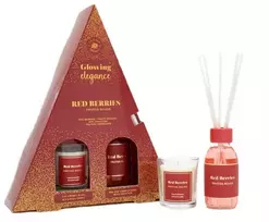 Beliani La Casa de los Aromas Glowing Elegance kvapiųjų lazdelių rinkinys Raudona Owoce 95ml + Raudona Owoce kvapioji žvakė 120g
