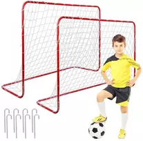 Dveji futbolo vartai vaikams, raudoni, plieniniai, sodo, 122x183x61 cm, futbolo varteliai, lauko žaidimams, treniruotėms