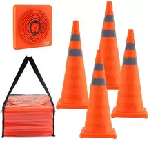 Saugos kūgiai, 4 vnt., 70 cm sulankstomi eismo kūgiai, su atšvaitinėmis juostelėmis, plataus pagrindo statybiniai kūgiai, oranžiniai stovėjimo kūgiai