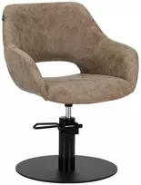 Kirpyklos kėdė salonui, hidraulinė kirpyklos kėdė, patogi kirpėjo kėdė, rudi salonų baldai, pasukama salonų kėdė