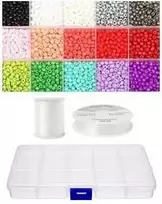 Siūlų ir stiklinių apvalių karoliukų (biserio) 6/0 RainBow® 15 spalvų po 10 g rinkinys su dėžute, šviesus