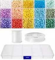 Siūlų ir stiklinių apvalių karoliukų (biserio) 6/0 RainBow® 15 spalvų po 10 g rinkinys su dėžute, pastelinis