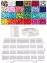 Siūlų ir stiklinių apvalių karoliukų (biserio) 6/0 RainBow® 24 spalvų po 10 g rinkinys su dėžute, ryškus