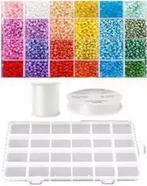 Siūlų ir stiklinių apvalių karoliukų (biserio) 6/0 RainBow® 24 spalvų po 10 g rinkinys su dėžute, pastelinis