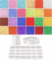 Siūlų ir stiklinių apvalių karoliukų (biserio) 6/0 RainBow® 24 spalvų po 10 g rinkinys su dėžute, šviesus