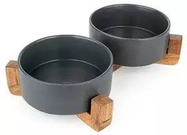 Happet Keramikiniai dubenėliai su mediniu stovu 15cm/0,8L (juodi)