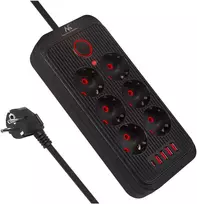 „Maclean“ maitinimo lizdas, 6 lizdų prailgintuvas + 4xUSB, 110-240V AC 50/60Hz, 2.1A max 2500W, 3m, juodas, MCE391 B