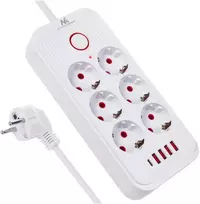 „Maclean“ maitinimo jungtis, 6 lizdų prailgintuvas + 4xUSB, 110-240V AC 50/60Hz, 2.1A max 2500W, 1.5 m, baltas, MCE389 W