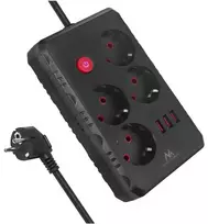 „Maclean“ maitinimo laidas, 4 lizdų prailginimo laidas + 3xUSB, 110-240V AC 50/60Hz, 2.1A max 2500W, 3m, juodas, MCE393 B