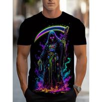 European Sizes Men'S Neon Grim Reaper Graphic T-Shirt - Vibrant Streetwear Tee with Skull & Scythe Design, Black Casual Short Sleeve Tee for Summer, S įvairiaspalvis