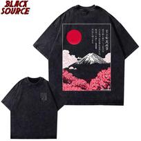 T Mount Fuji Cherry Blossoms Prints Washed TShirts Womens Cotton Short Sleeve Tops Summer ONeck Oversized T Shirt Basic S
