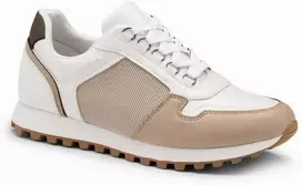 Sneakers Mišrių medžiagų lopų stiliaus sportbačiai – balti ir smėlio spalvos v1 om-fosl-0144