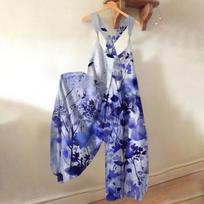 Women's Floral Wide Leg Jumpsuit Sleeveless Loose Fit Casual Summer Romper with Adjustable Straps L mėlyna