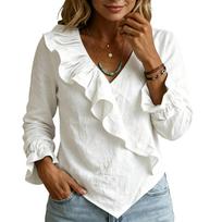 Womens Spring Tops V Neck Ruffle Long Sleeve Blouse Summer Shirts for Women Casual Lightweight Womens Summer Shirts S balta