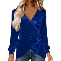 Women’s Long Sleeve V Neck Velvet Blouse with Ruched Front and Asymmetric Hem Casual Loose Fit Top Shirt L mėlyna