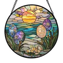 Round Stained Glass Window Panel Hanging Suncatcher with Artistic Floral and Landscape Pattern for Home Kitchen Garden Sunroom Decoration One Size