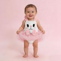 Baby Girl Bunny Design Tutu Dress Sleeveless Mesh Skirt One-Piece Romper with Bow and Pom Pom Detail Suitable for Infants and Toddlers 12 Months