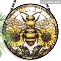 2D Flat, 1pc Bumblebee Round 7.87in Glass Suncatcher, Bumblebee & Sunflower Print Window Hanging Ornament, Bee & Floral Home Decor, Great Gift for 7.87inch