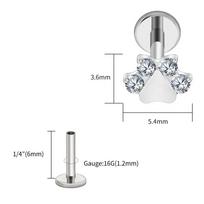Right Grand ASTM F136 Titanium Tiny Cat Paw Print Cartilage Earring 16G Black CZ Helix Tragus Labret Stud Piercing Jewelry Animal&Earrings&Body