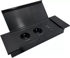 Orno Lizdas Į stalviršį įleidžiamas baldų lizdas su plokščiu frezuotu kraštu, atlenkiamu dangteliu, USB įkrovikliu ir 1,5 m laidu, 2x2P+Z (prancūziškas), 2xUSB (A+C tipo; 3,6A), juodas