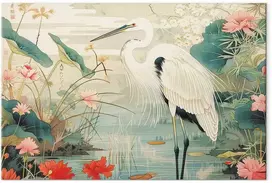 Artgeist Paveikslas - By an Asian pond - an illustration in the style of a Japanese engraving, depicting a heron