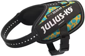 Julius-K9 IDC Powerharness Leopard – Atspindinti šunų petnešėlė, geltonos ir turkio spalvos raštas, dydis Baby 2