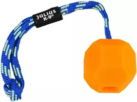 Julius K9 Fluorescentinis Kamuoliukas 6cm – Ryškiai Oranžinis Žaislas su Virvele ir Skylute Skanėstui, Tvirto Dizaino