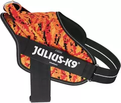 Julius-K9 Power & More Pixeljuice diržas – XXL Reguliuojamas šunų diržas su adaptuojančiu pavadėlio laikikliu, oranžiniai pikseliai