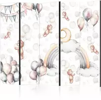 Artgeist Pertvara - Plush Bears with Balloons - Flying Light-Brown Bears Among Balloons - Clouds - and Rainbows in Subdued - Pastel Hues