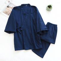Spring and Summer Kimono Men's Pajamas Two-piece Cotton Simple  Three-quarter Sleeve Trousers M tamsiai mėlyna spalva