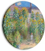 Artgeist Apvalus paveikslas ant drobės - Claude Monet’s Garden at Vétheuil - Farmhouse With Sunflowers