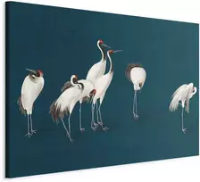 Artgeist XXL paveikslas - Evening by the pond - a group of cranes drawn in dry pastel on a dark turquoise background