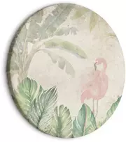 Artgeist Apvalus paveikslas ant drobės - Birds wading among exotic flora - Flamingos amidst lush tropical vegetation in soft pastel shades of žalias/Birds in the jungle