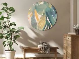 Artgeist Apvalus paveikslas ant drobės - Watercolor exotics - Hanging delicate tropical plants in colors of žalias and yellow on a beige background