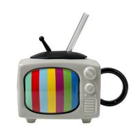 Retro televizoriaus keraminis puodelis su šiaudeliu Nostalgiškas dizainas Kava 450ml Kūrybiškas su dangteliu Puodelis Neišsipilantis pilka